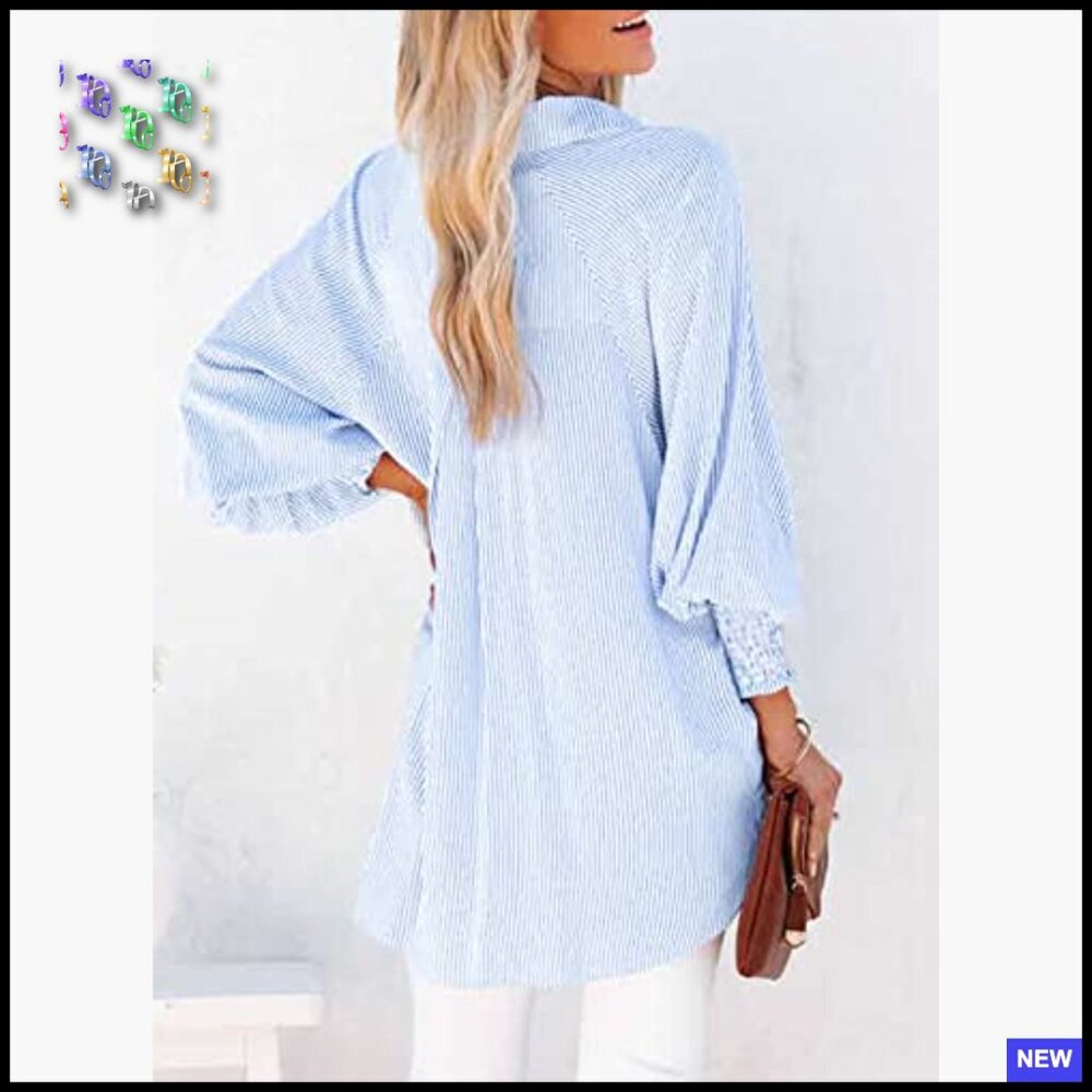 Oversized Striped Button Down Blouse Smocked Cuffs Casual Chic Y2K Style - Picture 2 of 7